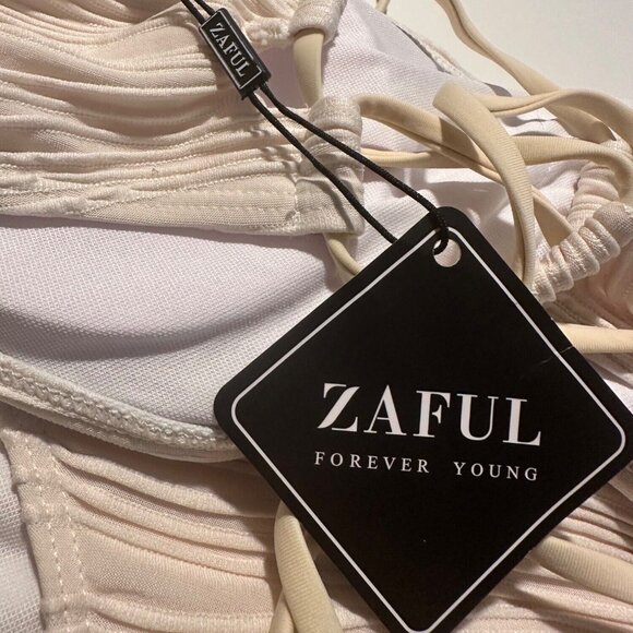 Zaful Women’s Bikini M Cream Bandeau Strapless Tie Back Cheeky Textured Set - Picture 4 of 11